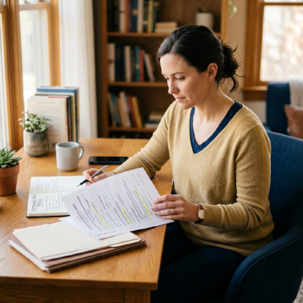 woman looking through documents