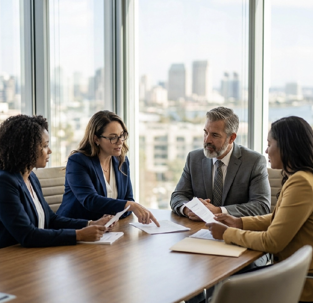 people sitting at table looking over papers