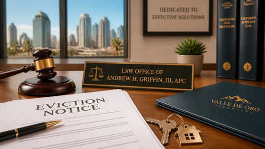 A lawyer's desk with an "EVICTION NOTICE" document, gavel, and keys. The nameplate reads "LAW OFFICE OF ANDREW H. GRIFFIN, III, APC," with a city skyline view.