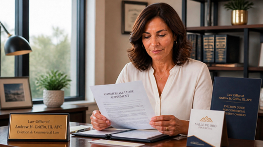 A lawyer reviews a "COMMERCIAL LEASE AGREEMENT" at her office desk. A plaque reads "Law Office of Andrew H. Griffin, II, APC, Eviction and Commercial Law."