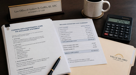 Legal and financial documents are arranged on a desk. Visible texts include "Law Office of Andrew H. Griffin, II, APC," "COMMON AREA MAINTENANCE CLAIMS FEE DISCLOSURE STATEMENT," "BUILDING OPERATING COST SUMMARY," and "VALLE DE ORO FINANCIAL."