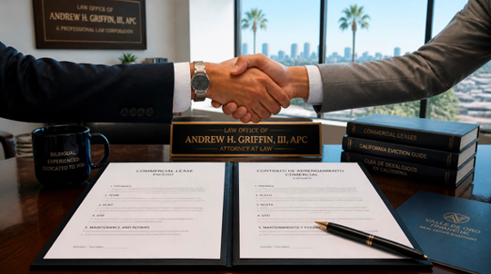 Two people shake hands over a desk with commercial lease documents, a pen, and an attorney's nameplate, set against a city view from an office window. This professional scene suggests a legal agreement. Text includes: LAW OFFICE OF ANDREW H. GRIFFIN, II, A